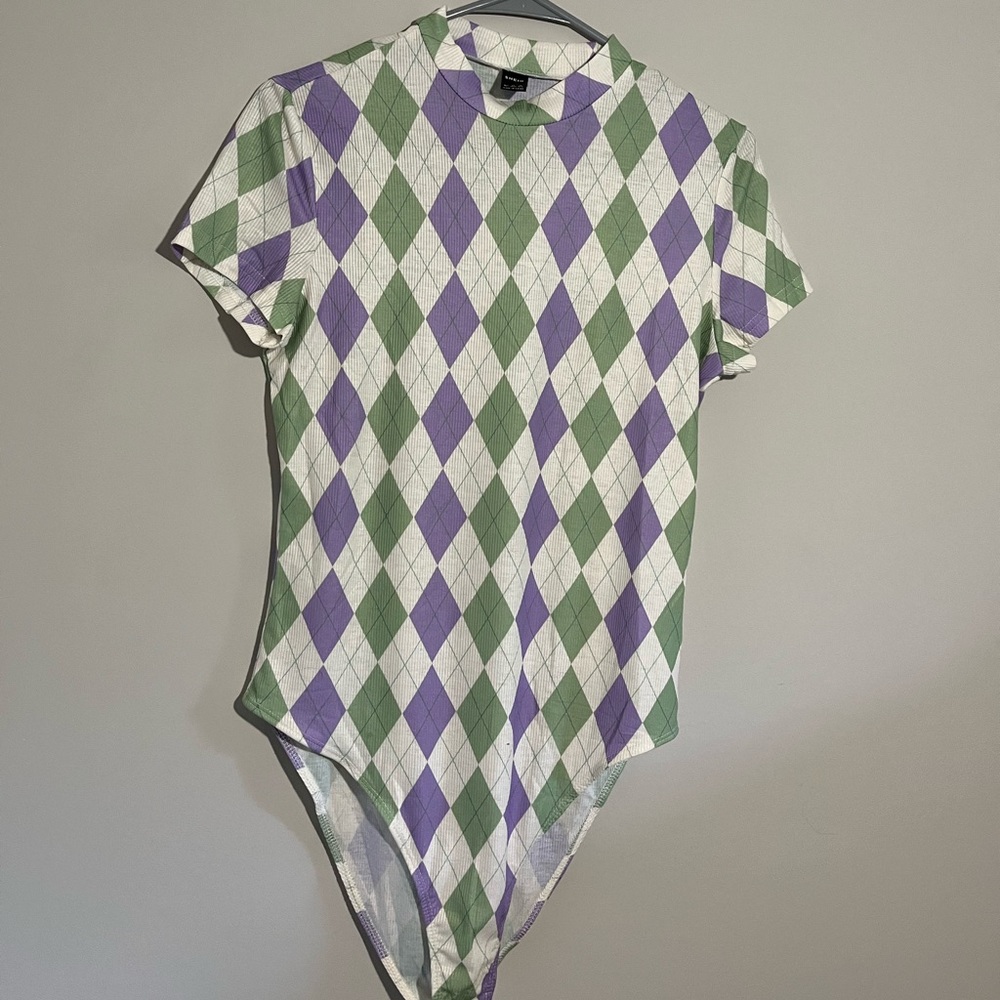 Purple, Green and Cream Arglye Body Suit